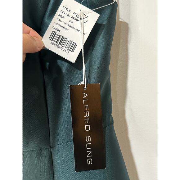 Alfred Sung One-Shoulder w/ Bow Gown Dress Evergreen Satin Size 6 R NWT Elegant - Picture 9 of 16